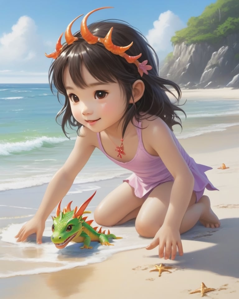 Little girl playing in the beach, 1 laying dragon watch her
