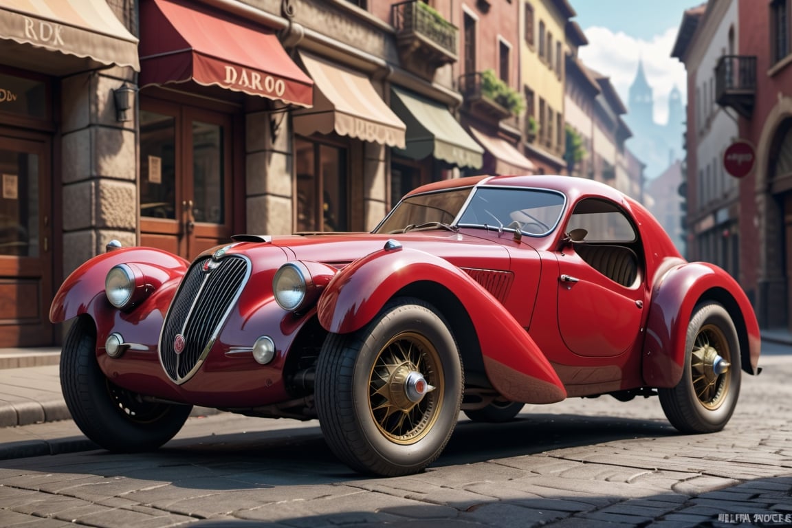 A 1950 Alfa Romeo sportcar, dieselpunk city background, afternoon, dieselpunk retrofuturism, red paint,(masterpiece, best quality, ultra detailed), (high resolution, 8K, UHD, HDR),photorealistic