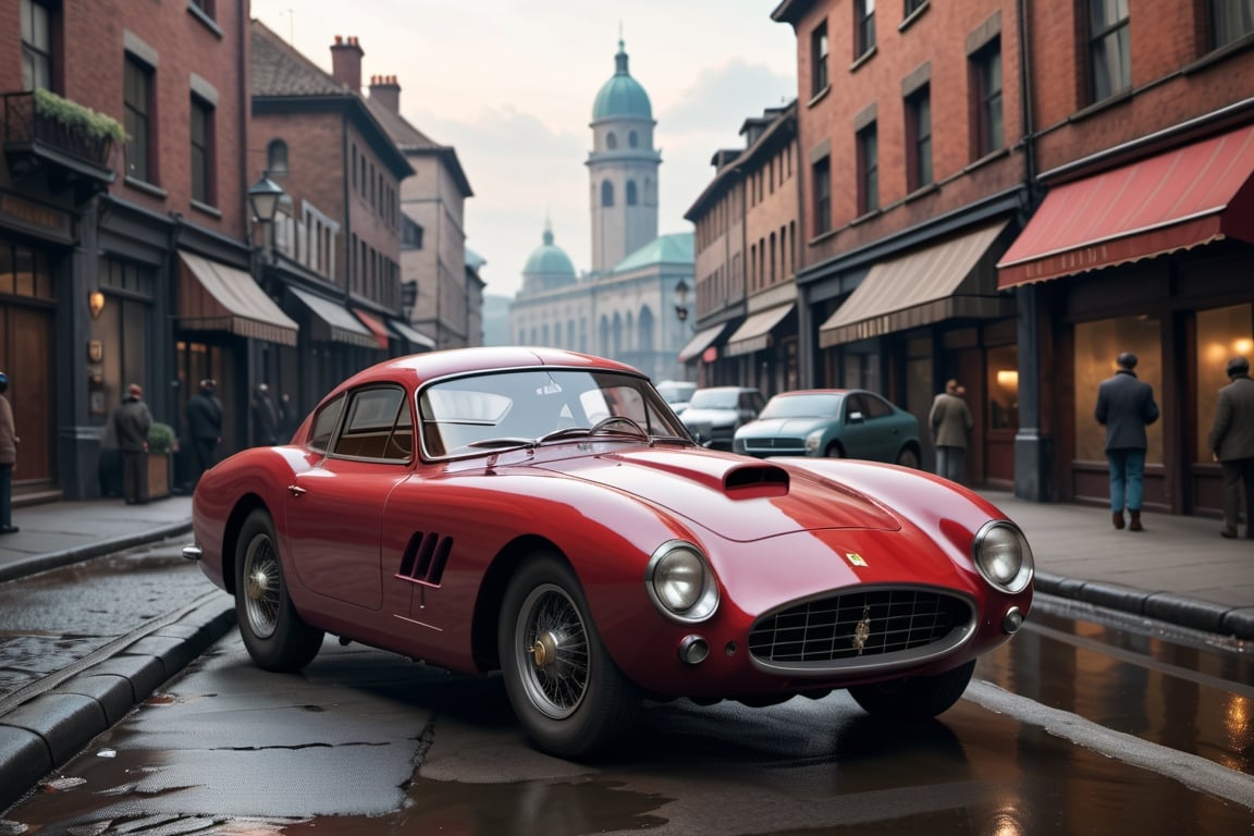 A 1950 Ferrari sportcar, dieselpunk city background, afternoon, dieselpunk retrofuturism, red paint,(masterpiece, best quality, ultra detailed), (high resolution, 8K, UHD, HDR),photorealistic