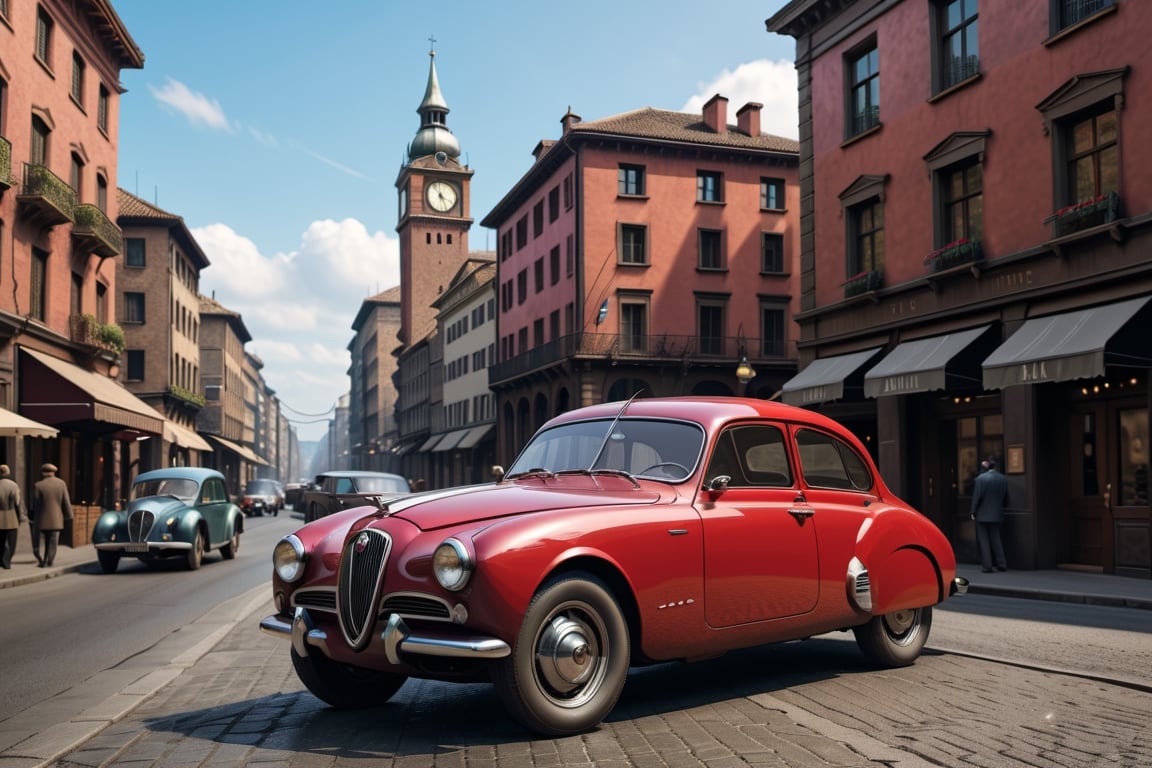 A 1950 Alfa Romeo sport sedan, dieselpunk city background, afternoon, dieselpunk retrofuturism, red paint,(masterpiece, best quality, ultra detailed), (high resolution, 8K, UHD, HDR),photorealistic