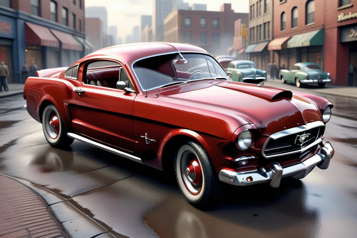 A 1950 Ford Mustang, dieselpunk city background, afternoon, dieselpunk retrofuturism, red paint,(masterpiece, best quality, ultra detailed), (high resolution, 8K, UHD, HDR),photorealistic