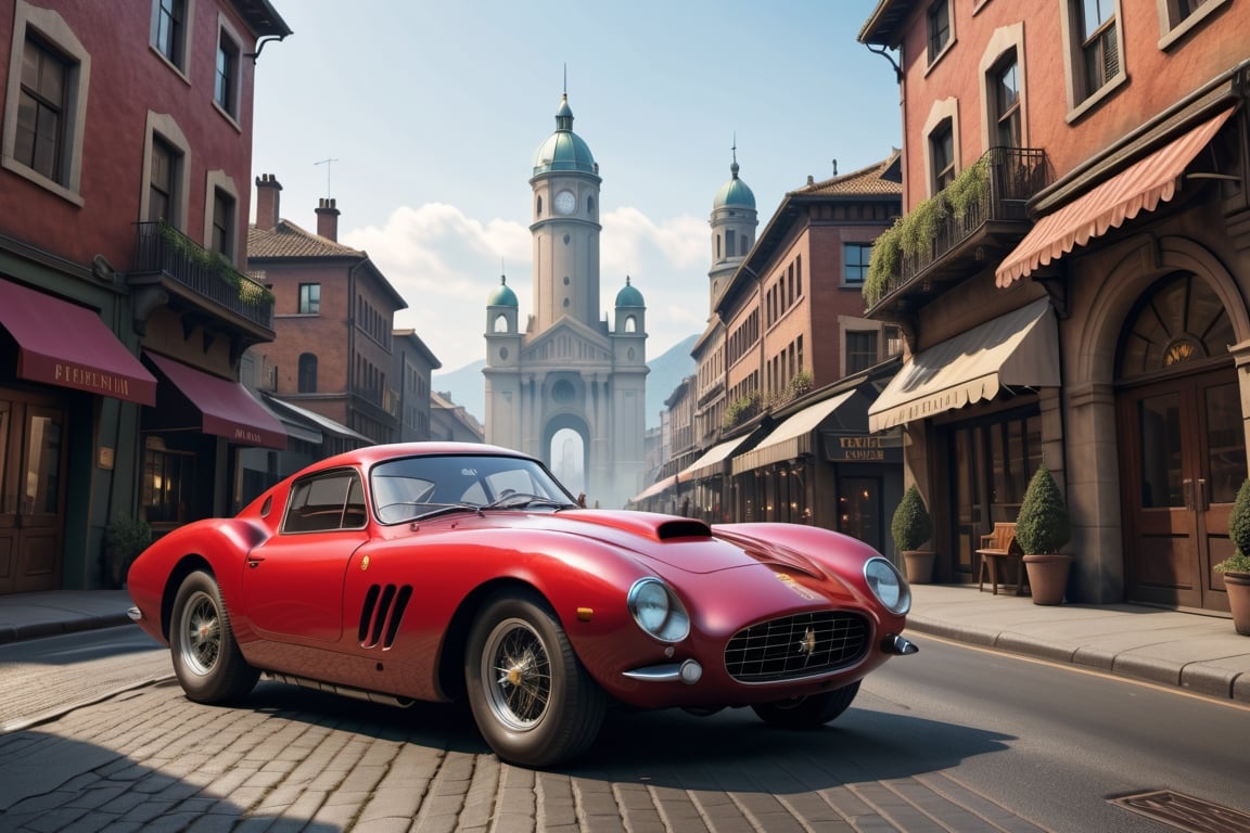A 1950 Ferrari supercar, dieselpunk city background, afternoon, dieselpunk retrofuturism, red paint,(masterpiece, best quality, ultra detailed), (high resolution, 8K, UHD, HDR),photorealistic