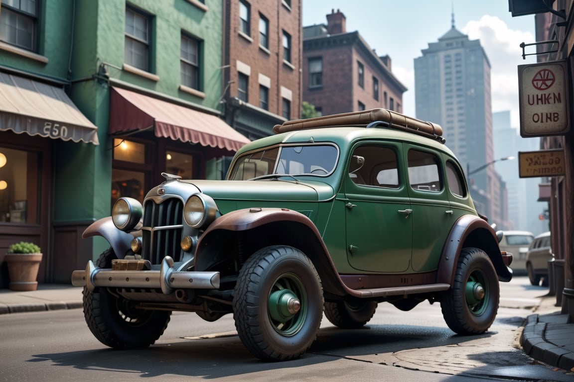 A 1950 Toyota all terrain car, dieselpunk city background, afternoon, dieselpunk retrofuturism, green paint,(masterpiece, best quality, ultra detailed), (high resolution, 8K, UHD, HDR),photorealistic