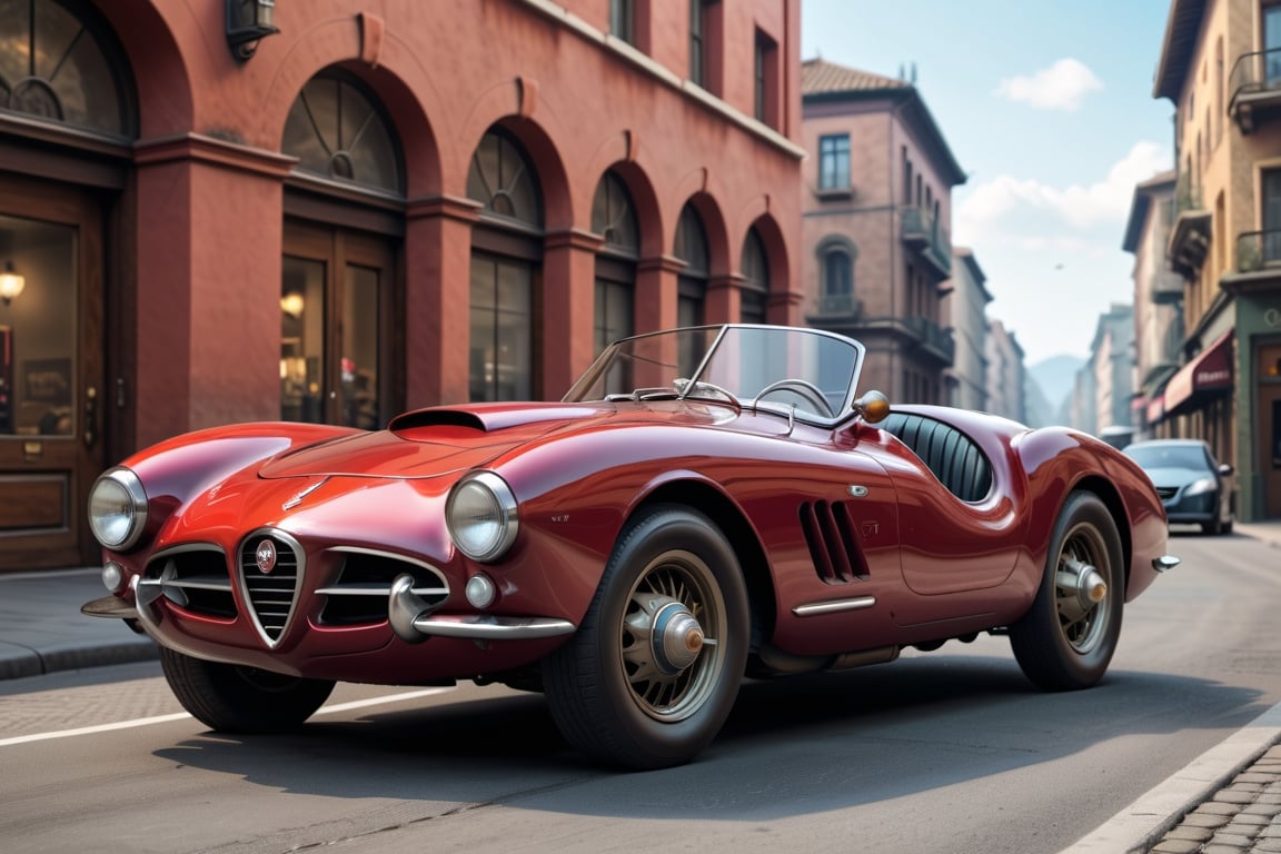 A 1950 Alfa Romeo sportcar, dieselpunk city background, afternoon, dieselpunk retrofuturism, red paint,(masterpiece, best quality, ultra detailed), (high resolution, 8K, UHD, HDR),photorealistic