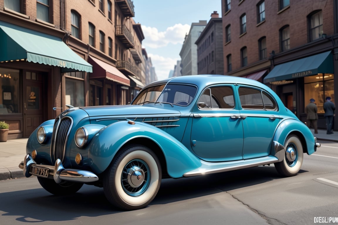 A 1950 BMW sport sedan, dieselpunk city background, afternoon, dieselpunk retrofuturism, blue paint,(masterpiece, best quality, ultra detailed), (high resolution, 8K, UHD, HDR),photorealistic