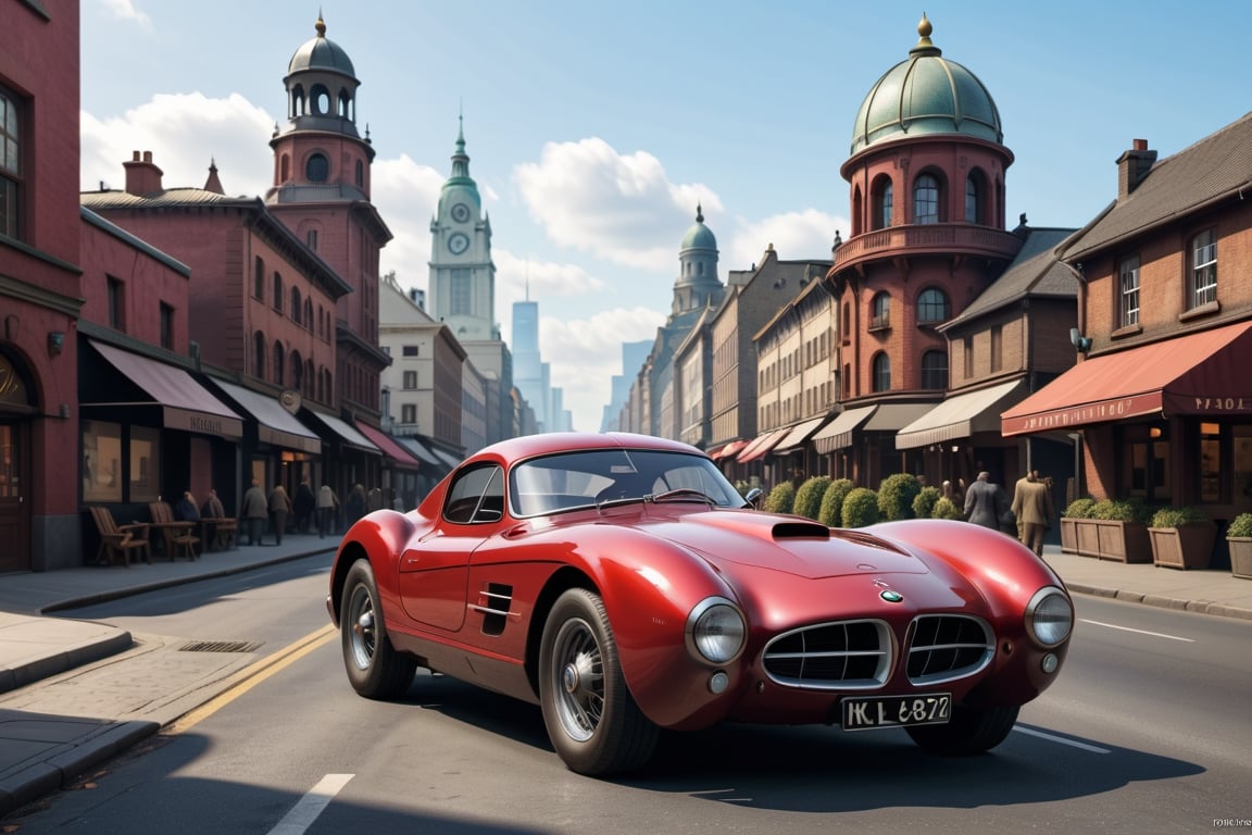 A 1950 BMW supercar, dieselpunk city background, afternoon, dieselpunk retrofuturism, red paint,(masterpiece, best quality, ultra detailed), (high resolution, 8K, UHD, HDR),photorealistic