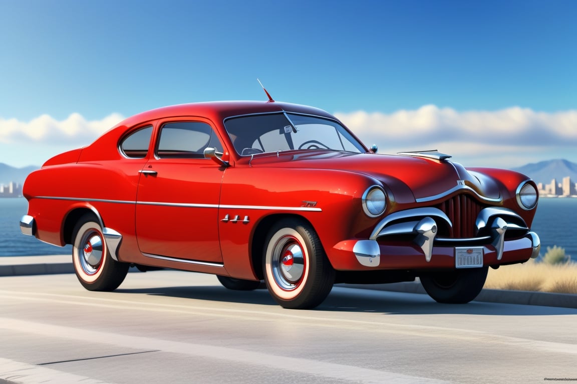 A 1950 Ford Gran Torino, coupe, dieselpunk city background, afternoon, dieselpunk retrofuturism, red and white paint,(masterpiece, best quality, ultra detailed), (high resolution, 8K, UHD, HDR),photorealistic