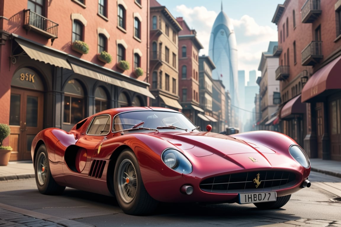 A 1950 Ferrari hypercar, dieselpunk city background, afternoon, dieselpunk retrofuturism, red paint,(masterpiece, best quality, ultra detailed), (high resolution, 8K, UHD, HDR),photorealistic
