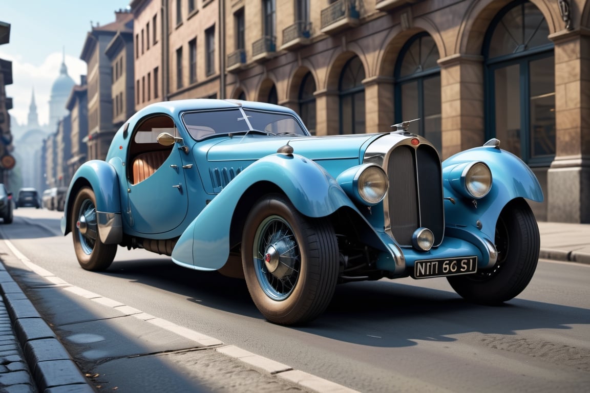 A 1950 Bugatti sportcar, dieselpunk city background, afternoon, dieselpunk retrofuturism, blue paint,(masterpiece, best quality, ultra detailed), (high resolution, 8K, UHD, HDR),photorealistic