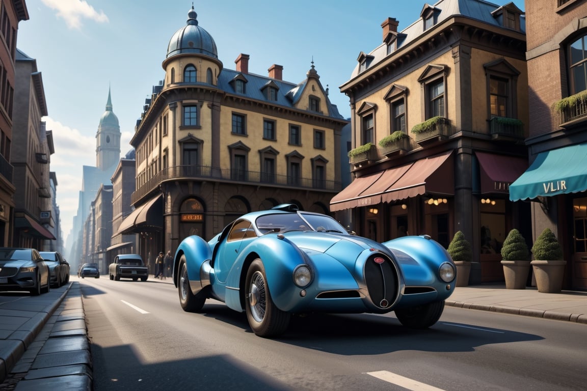 A 1950 Bugatti hypercar, dieselpunk city background, afternoon, dieselpunk retrofuturism, blue paint,(masterpiece, best quality, ultra detailed), (high resolution, 8K, UHD, HDR),photorealistic