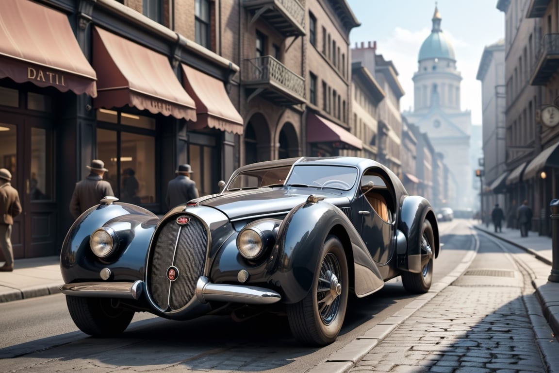 A 1950 Bugatti supercar, dieselpunk city background, afternoon, dieselpunk retrofuturism, black paint,(masterpiece, best quality, ultra detailed), (high resolution, 8K, UHD, HDR),photorealistic