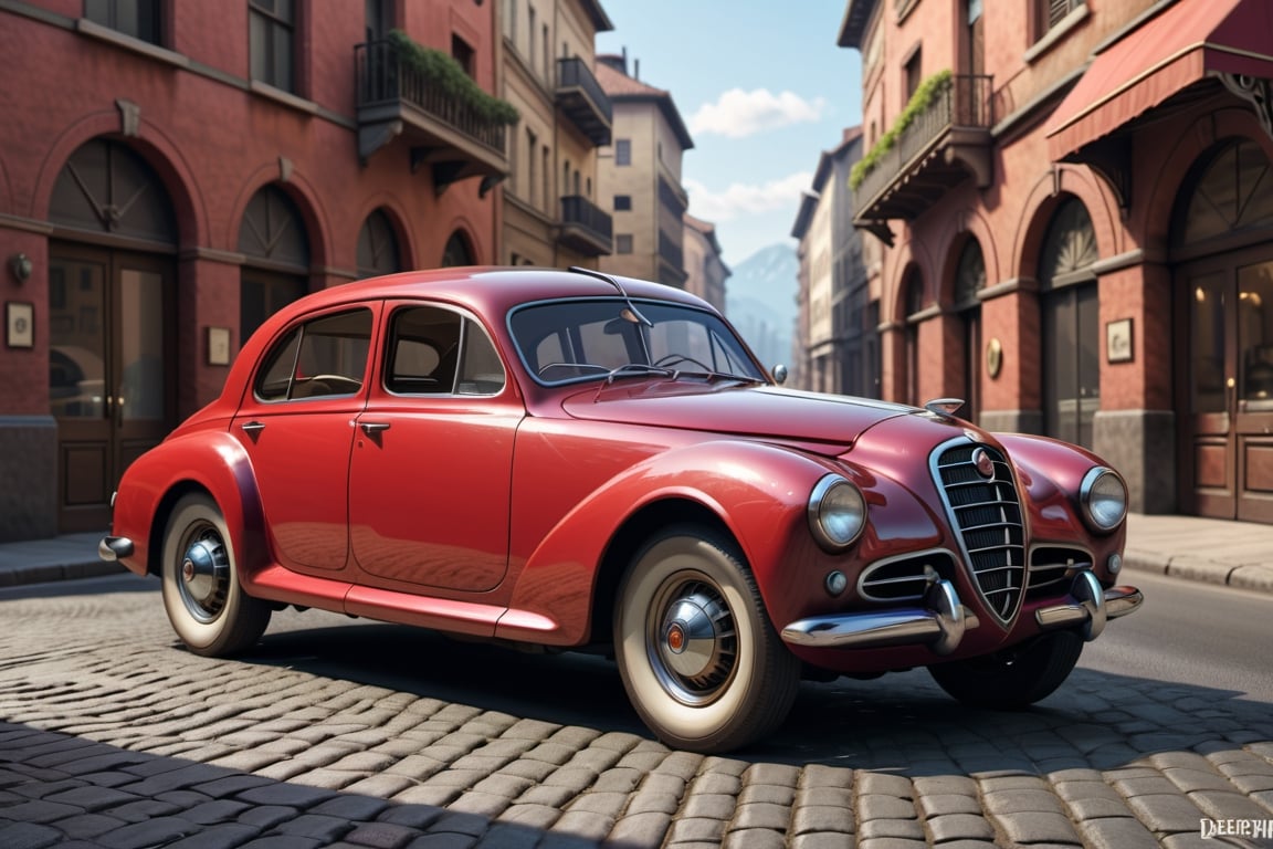 A 1950 Alfa Romeo sedan, dieselpunk city background, afternoon, dieselpunk retrofuturism, red paint,(masterpiece, best quality, ultra detailed), (high resolution, 8K, UHD, HDR),photorealistic