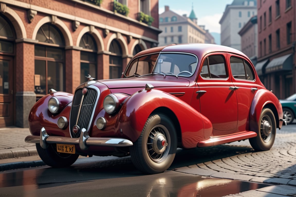 A 1950 Alfa Romeo sport sedan, dieselpunk city background, afternoon, dieselpunk retrofuturism, red paint,(masterpiece, best quality, ultra detailed), (high resolution, 8K, UHD, HDR),photorealistic