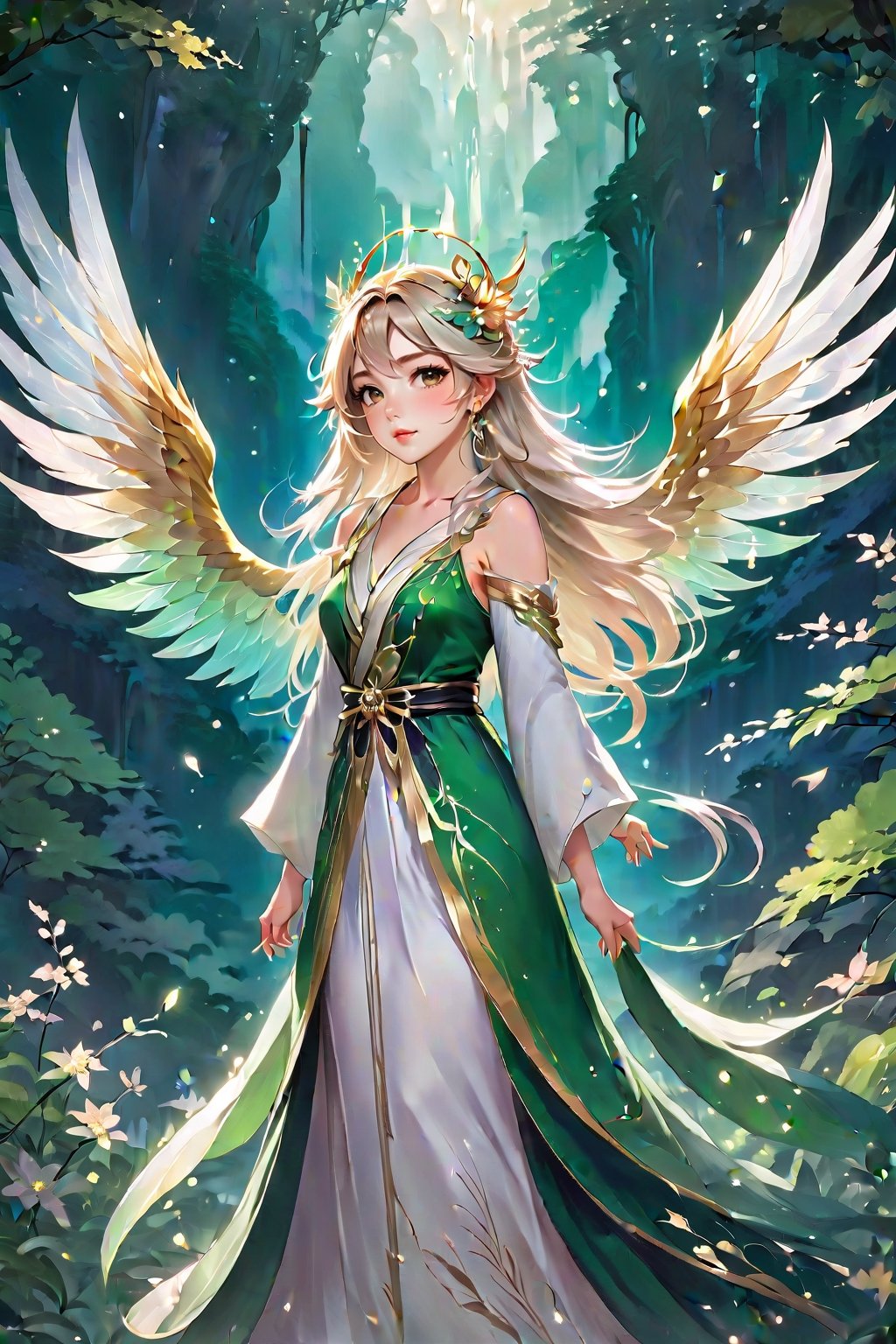 The girl noble wizard of Oz, big breasts, shining hair, dressed in clothes decorated with white golden gown and wearing a pearl tiara,  has beautiful green elf wings and flying, half body show, pov, magical dust, golden ratio,  ambient enviroment.