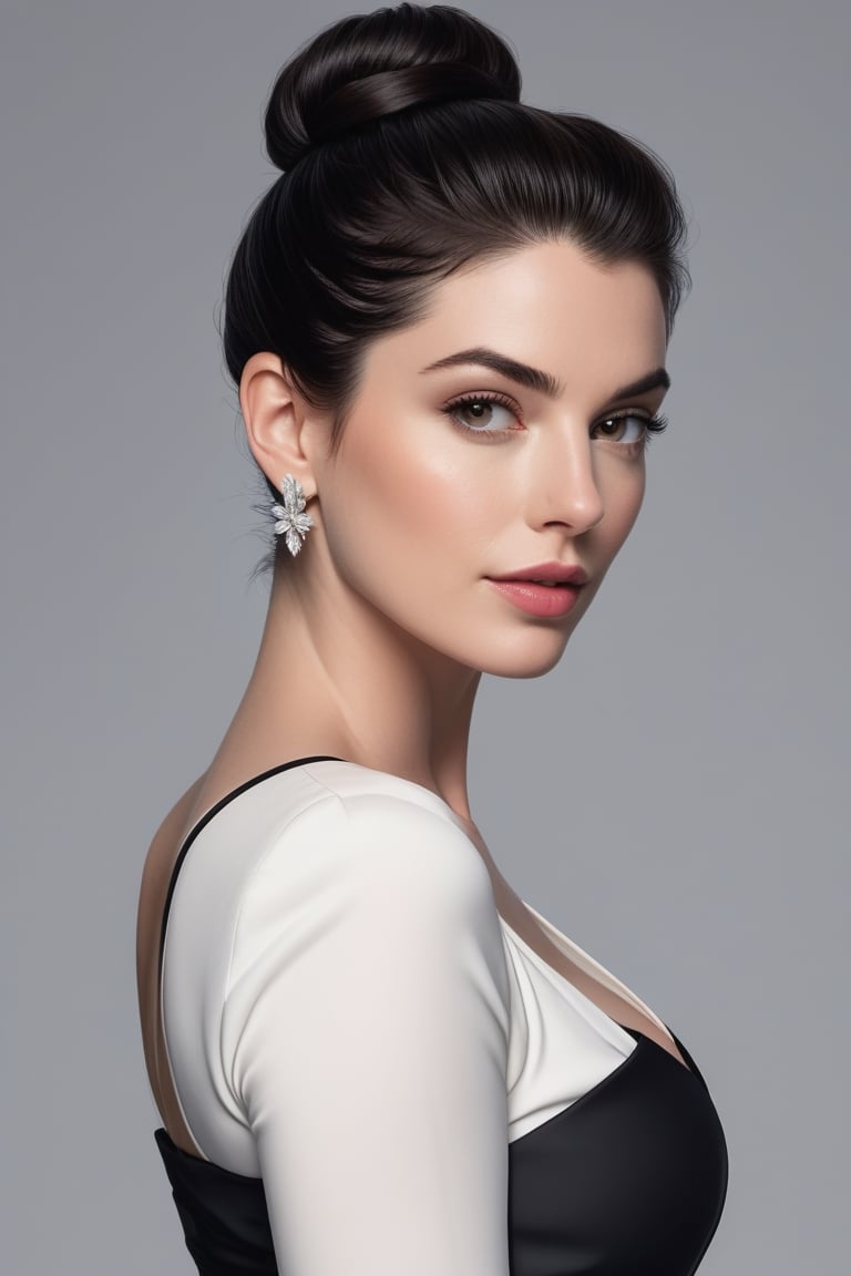 create a hyper realistic vertical photo of most attractive lady in her 30s, bun black hair, trending on artstation, portrait, digital art, modern, sleek, highly detailed, formal, determined, 36D , fairy tone, 
anne hathway, Trendsetter bun black hair, white bra