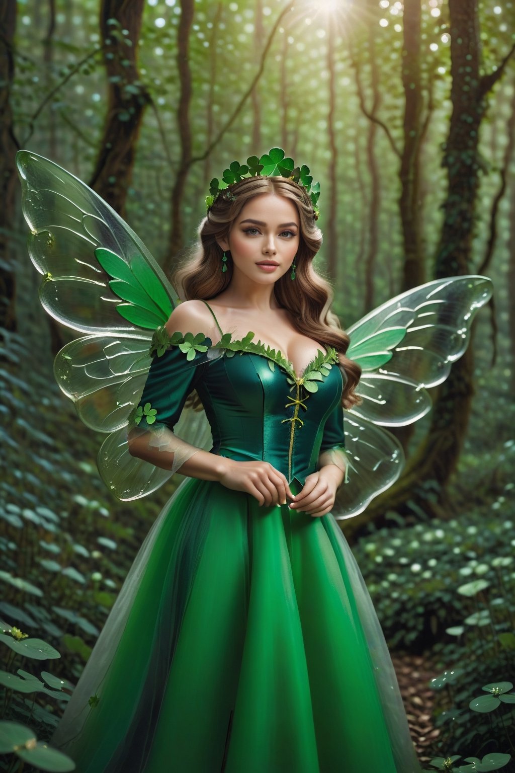 The girl noble wizard of Oz, big breasts, shining hair, dressed in clothes decorated with four-leaf clover and wearing a crown made of four-leaf clover, has beautiful green elf wings and flies and shuttles in the magical forest.