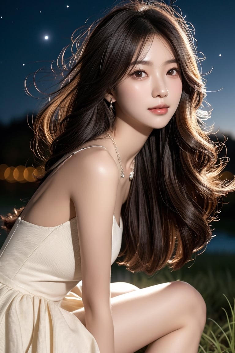 background is night sky, stars, moon,galaxy,dark,backlighting,astronomical telescope,
18 yo, 1 girl, beautiful korean girl,sitting on a hill,
wearing white simple dress,raise head and look up at the sky, smile, solo, {beautiful and detailed eyes}, dark eyes, calm expression, delicate facial features, ((model pose)), Glamor body type, (dark hair:1.2), simple tiny earrings, simple tiny necklace,very_long_hair, hair past hip, bangs, curly hair, flim grain, realhands, masterpiece, Best Quality, 16k, photorealistic, ultra-detailed, finely detailed, high resolution, perfect dynamic composition, beautiful detailed eyes, eye smile, ((nervous and embarrassed)), sharp-focus, full_body, cowboy_shot,Asia