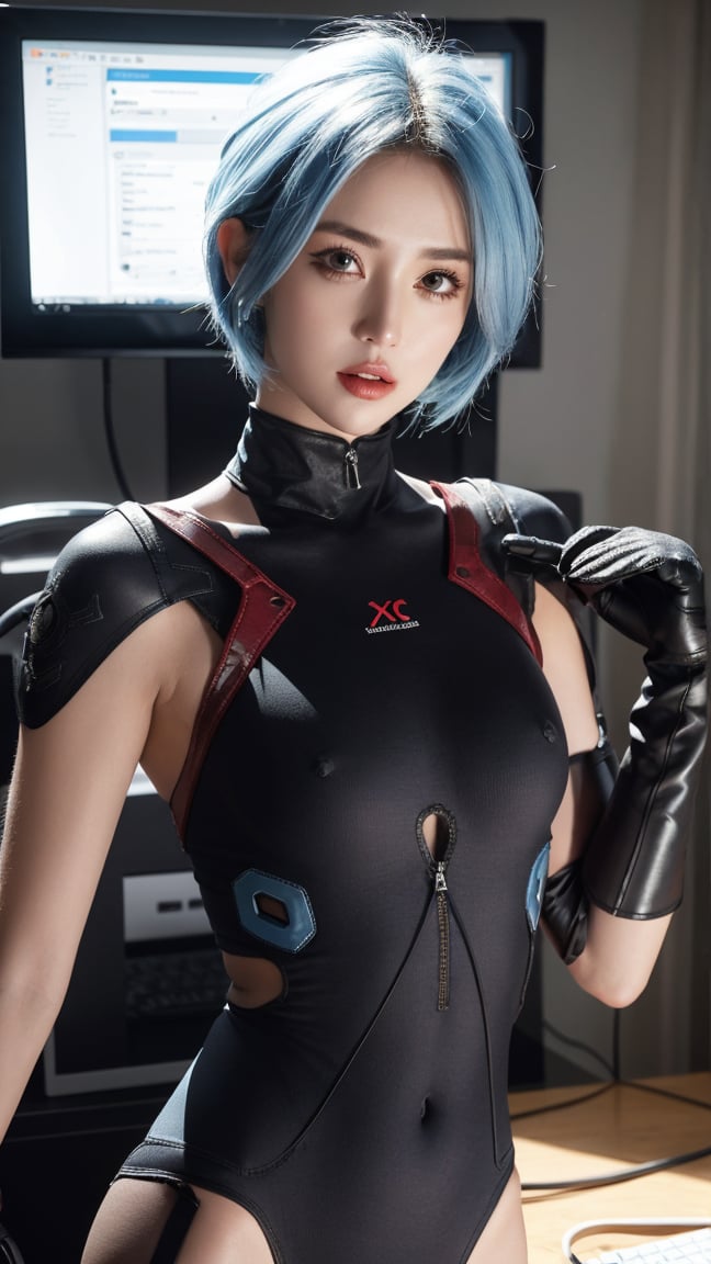 1girl, solo, short hair, gloves, navel, blue hair, tail, weapon, fingerless gloves, lips, bodysuit, cable, computer, monitor