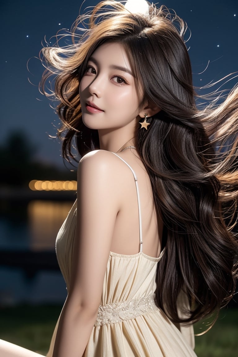 background is night sky, stars, moon,galaxy,dark,backlighting,astronomical telescope,
18 yo, 1 girl, beautiful korean girl,sitting on a hill,
wearing white simple dress,raise head and look up at the sky, smile, solo, {beautiful and detailed eyes}, dark eyes, calm expression, delicate facial features, ((model pose)), Glamor body type, (dark hair:1.2), simple tiny earrings, simple tiny necklace,very_long_hair, hair past hip, bangs, curly hair, flim grain, realhands, masterpiece, Best Quality, 16k, photorealistic, ultra-detailed, finely detailed, high resolution, perfect dynamic composition, beautiful detailed eyes, eye smile, ((nervous and embarrassed)), sharp-focus, full_body, cowboy_shot,Asia