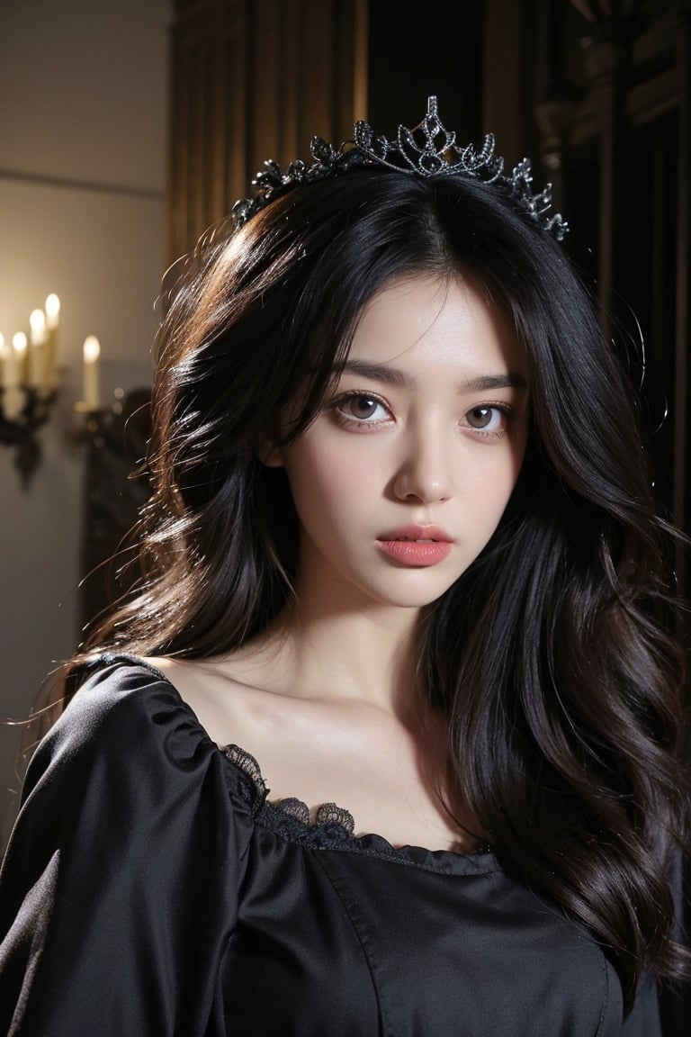 masterpiece, 8k, (real, photo real), best quality, high resolution, perfect details,

1girl, A beautiful goth girl, (Beautiful Hair:1.4), beautiful face, nice light gray eyes, perfect eyes, big breasts, small jewelry crown, (black gothic dress), Temperament, elegance, 

 low contrast, soft light, horror vibe, (black Indoor castle decoration:1.5), shot from head to waist, ,Asia