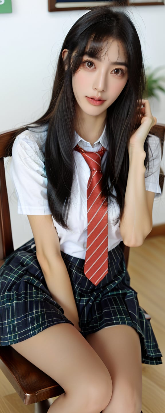 1girl, solo, long hair, looking at viewer, skirt, brown hair, shirt, black hair, bow, sitting, school uniform, pantyhose, bowtie, blurry, cup, plaid, watermark, drinking straw, realistic, drinking,cute_jk,Taiwan 