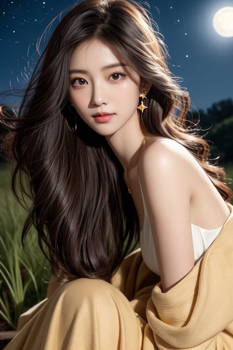 background is night sky, stars, moon,galaxy,dark,backlighting,astronomical telescope,
18 yo, 1 girl, beautiful korean girl,sitting on a hill,
wearing white simple dress,raise head and look up at the sky, smile, solo, {beautiful and detailed eyes}, dark eyes, calm expression, delicate facial features, ((model pose)), Glamor body type, (dark hair:1.2), simple tiny earrings, simple tiny necklace,very_long_hair, hair past hip, bangs, curly hair, flim grain, realhands, masterpiece, Best Quality, 16k, photorealistic, ultra-detailed, finely detailed, high resolution, perfect dynamic composition, beautiful detailed eyes, eye smile, ((nervous and embarrassed)), sharp-focus, full_body, cowboy_shot,Asia