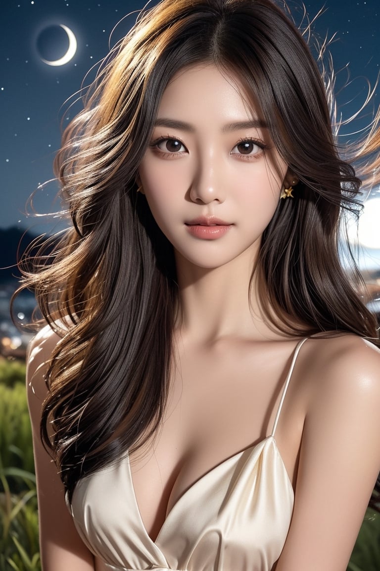 background is night sky, stars, moon,galaxy,dark,backlighting,astronomical telescope,
18 yo, 1 girl, beautiful korean girl,sitting on a hill,
wearing white simple dress,raise head and look up at the sky, smile, solo, {beautiful and detailed eyes}, dark eyes, calm expression, delicate facial features, ((model pose)), Glamor body type, (dark hair:1.2), simple tiny earrings, simple tiny necklace,very_long_hair, hair past hip, bangs, curly hair, flim grain, realhands, masterpiece, Best Quality, 16k, photorealistic, ultra-detailed, finely detailed, high resolution, perfect dynamic composition, beautiful detailed eyes, eye smile, ((nervous and embarrassed)), sharp-focus, full_body, cowboy_shot,Asia