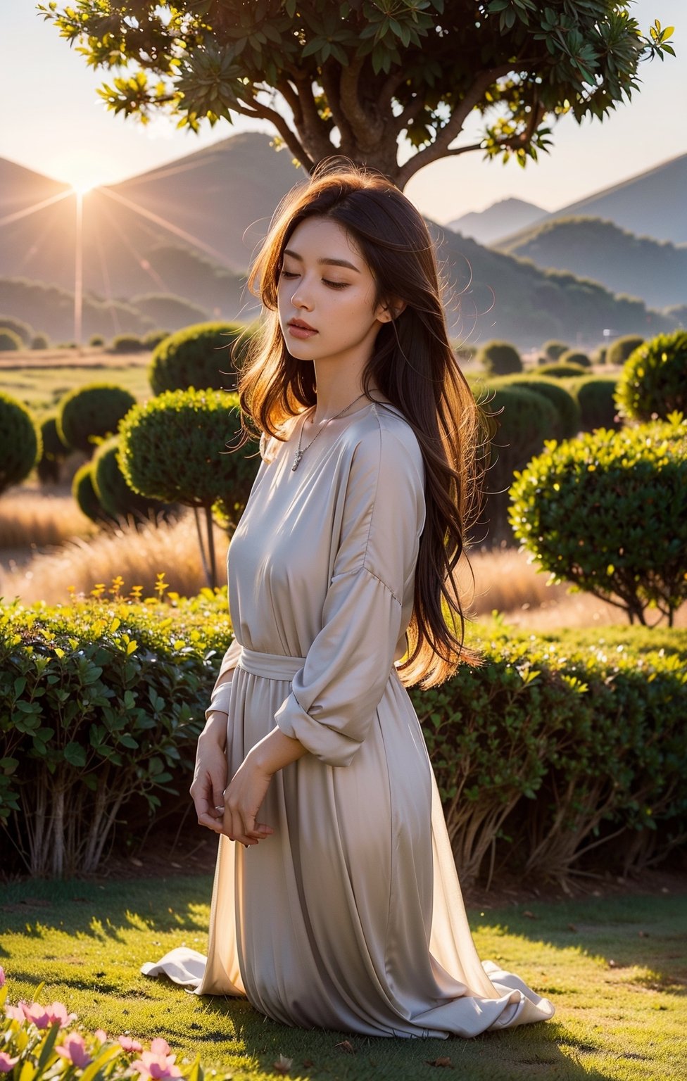 A side-view portrait of a woman praying in front of an altar that resembles a lion, set in an open field with views of majestic mountains at sunset. The woman has long, flowing auburn hair and appears to be in her late twenties. She is wearing a flowing white dress and a delicate silver necklace. Her eyes are closed, and her hands are clasped in prayer. Her profile is softly illuminated by the warm, golden light of the setting sun, which highlights her serene expression. The altar, adorned with intricate lion carvings, stands majestically beside her. The field is filled with tall grass and wildflowers swaying gently in the breeze. In the distance, the towering mountains are bathed in the soft, warm glow of the sunset. The sunlight creates long, soft shadows, casting a tranquil and reverent atmosphere. The gentle breeze rustles the grass, and the air is filled with the fresh scent of wildflowers. The sounds of the distant wind and occasional bird calls add to the peaceful ambiance, creating an atmosphere of calm and spiritual serenity,Asia