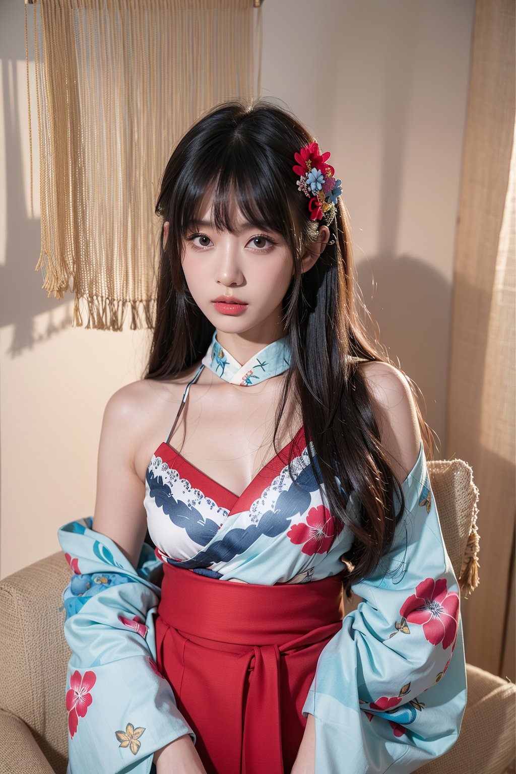 masterpiece, 8k, best quality, high resolution, perfect details, beautiful face, 1girl, solo, bangs, (Updo hair), closed mouth, looking at viewer, realistic, grey background, 

hair ornament, hair flower, blue flower, 
(japanese clothes), 
(dark blue kimono), 
(print kimono), 
(wide sleeves), (obi),

(cowboy shot:1.2),Asia,detached sleeves