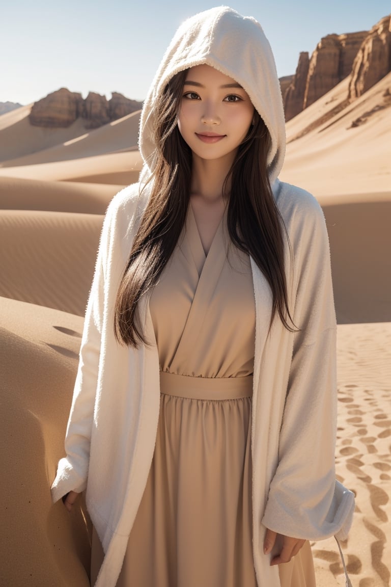 desert, dune,sun,horizon,an explorer,16 yo,beautiful girl,very long hair, straight hair,brown hair,smile,wearing desert cloth(chiffon long skirt,hood,long sleeve robe),Best Quality, 32k, photorealistic, ultra-detailed, finely detailed, high resolution, perfect dynamic composition, beautiful detailed eyes, sharp-focus, cowboy shot,front view,Chinese ink painting,Nature,Asia