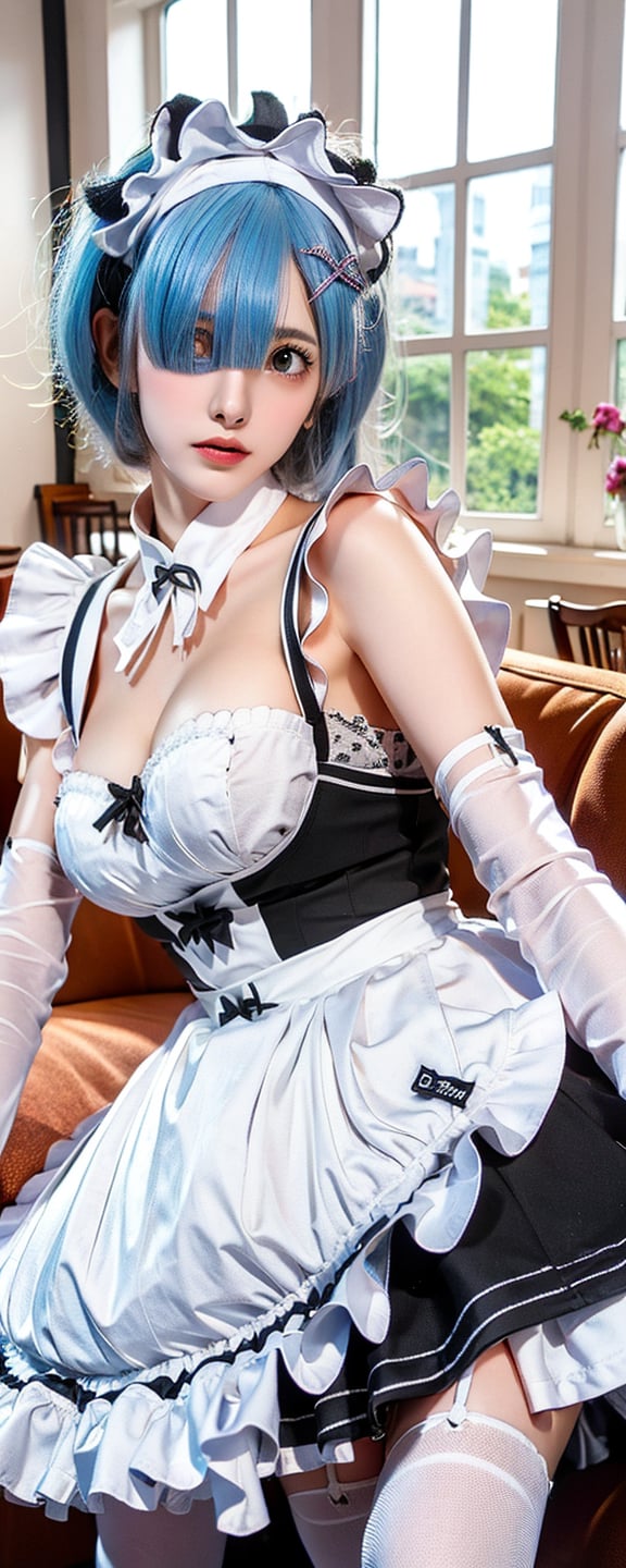 1girl, solo, breasts, looking at viewer, short hair, blue eyes, gloves, cleavage, white hair, black gloves, elbow gloves, hair over one eye, apron, maid, maid headdress, leaning forward, red lips,frilled dress,Taiwan 