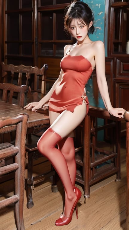 1girl, solo, looking at viewer, short hair, black hair, thighhighs, dress, bare shoulders, brown eyes, underwear, standing, panties, full body, sleeveless, indoors, high heels, sleeveless dress, chinese clothes, red dress, table, red footwear, china dress, dress lift, realistic, red thighhighs