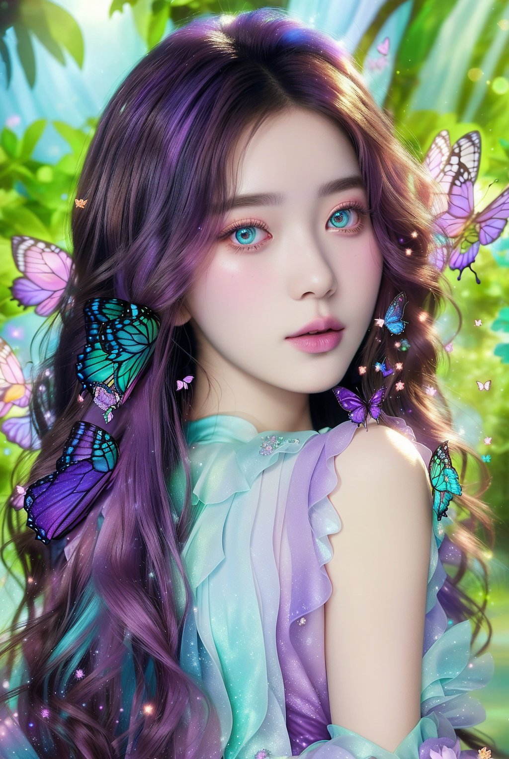 The image appears to be a digital artwork featuring a young woman, created in a highly realistic yet slightly fantasy style. The focal point of the composition is the woman, wearing a flowing purple and aqua ombre gown with floral detailing, looking back. She is surrounded by butterflies in colorful lights that match her outfit. The background is a soft blur of aqua blue and purple, suggesting a dreamy garden setting. The lighting highlights her soft features and adds a magical glow to the scene, enhancing the ethereal quality of the artwork. Small sparkling details and soft changes of light and shadow give the images a whimsical and enchanting atmosphere.