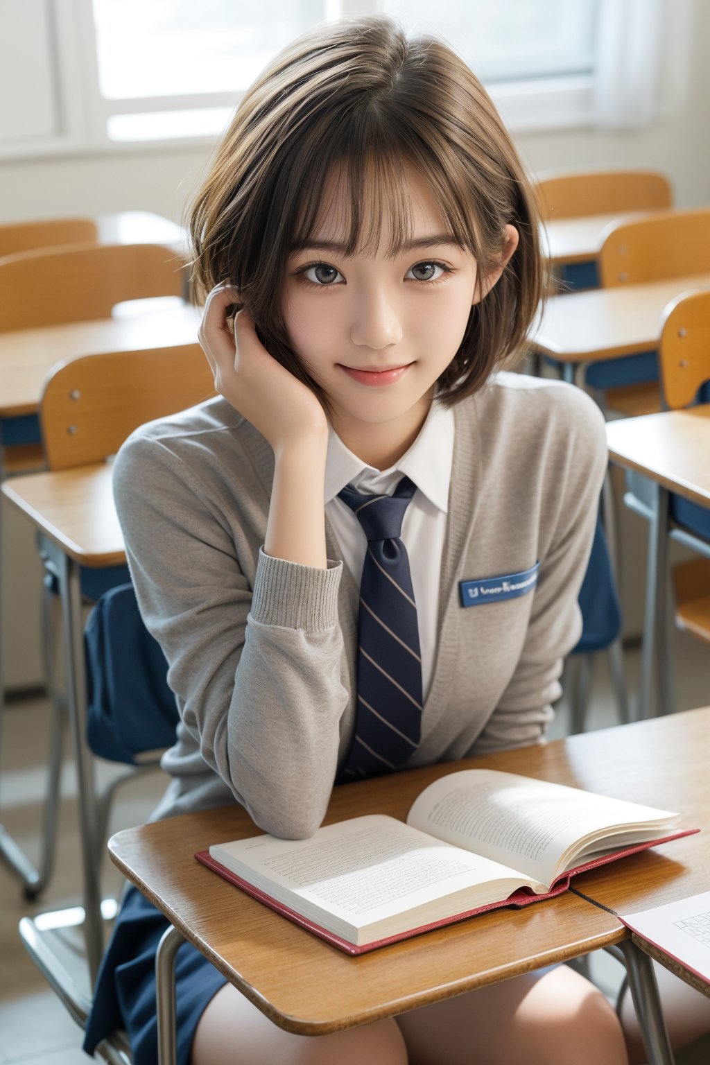 class_room,high school student,girl,short hair,bangs,wearing school uniform,she is sitting at desk and taking note,smile,Best Quality, 32k, photorealistic, ultra-detailed, finely detailed, high resolution, perfect dynamic composition, beautiful detailed eyes, sharp-focus, cowboy_shot, front shot,Asia