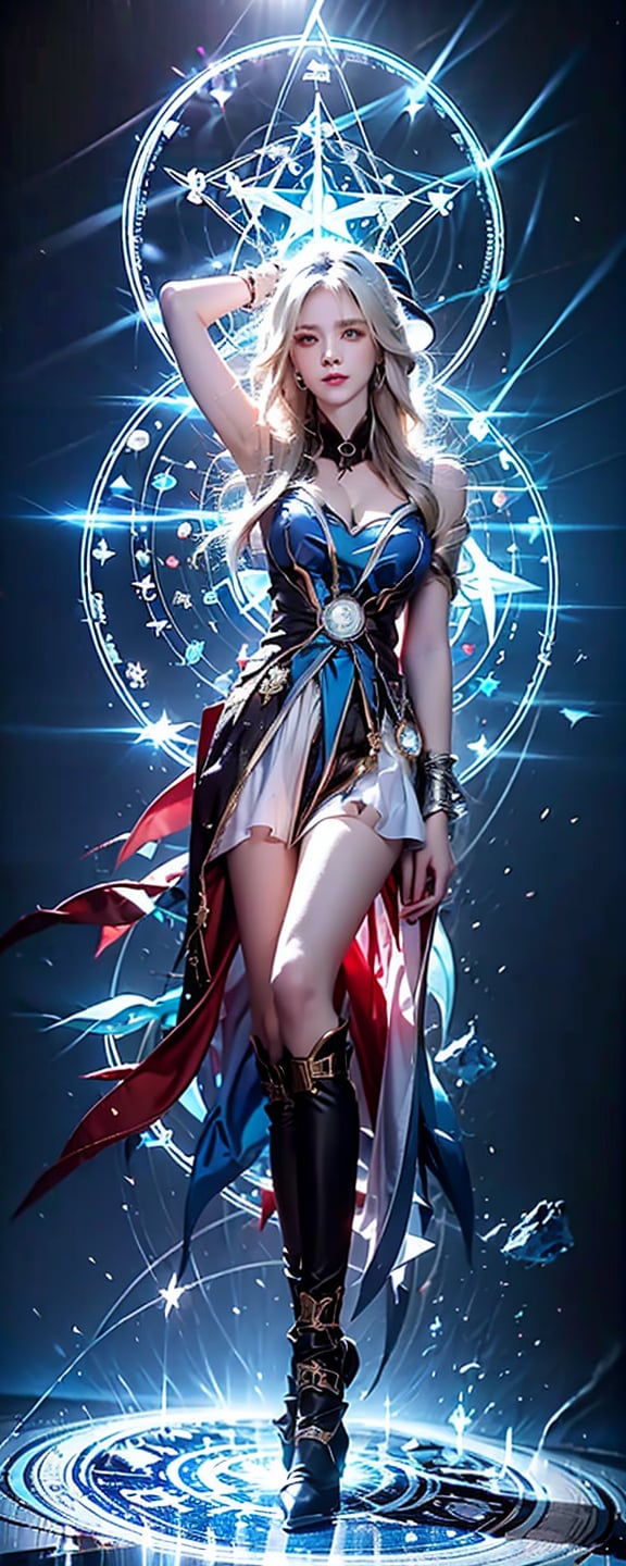 1girl, solo, long hair, breasts, looking at viewer, blue eyes, blonde hair, large breasts, hat, holding, cleavage, bare shoulders, medium breasts, full body, boots, armpits, lips, gradient, gradient background, staff, blue footwear, realistic, wand, magic circle, duel monster, pentagram, wizard hat, pentacle, dark magician girl,Taiwan 