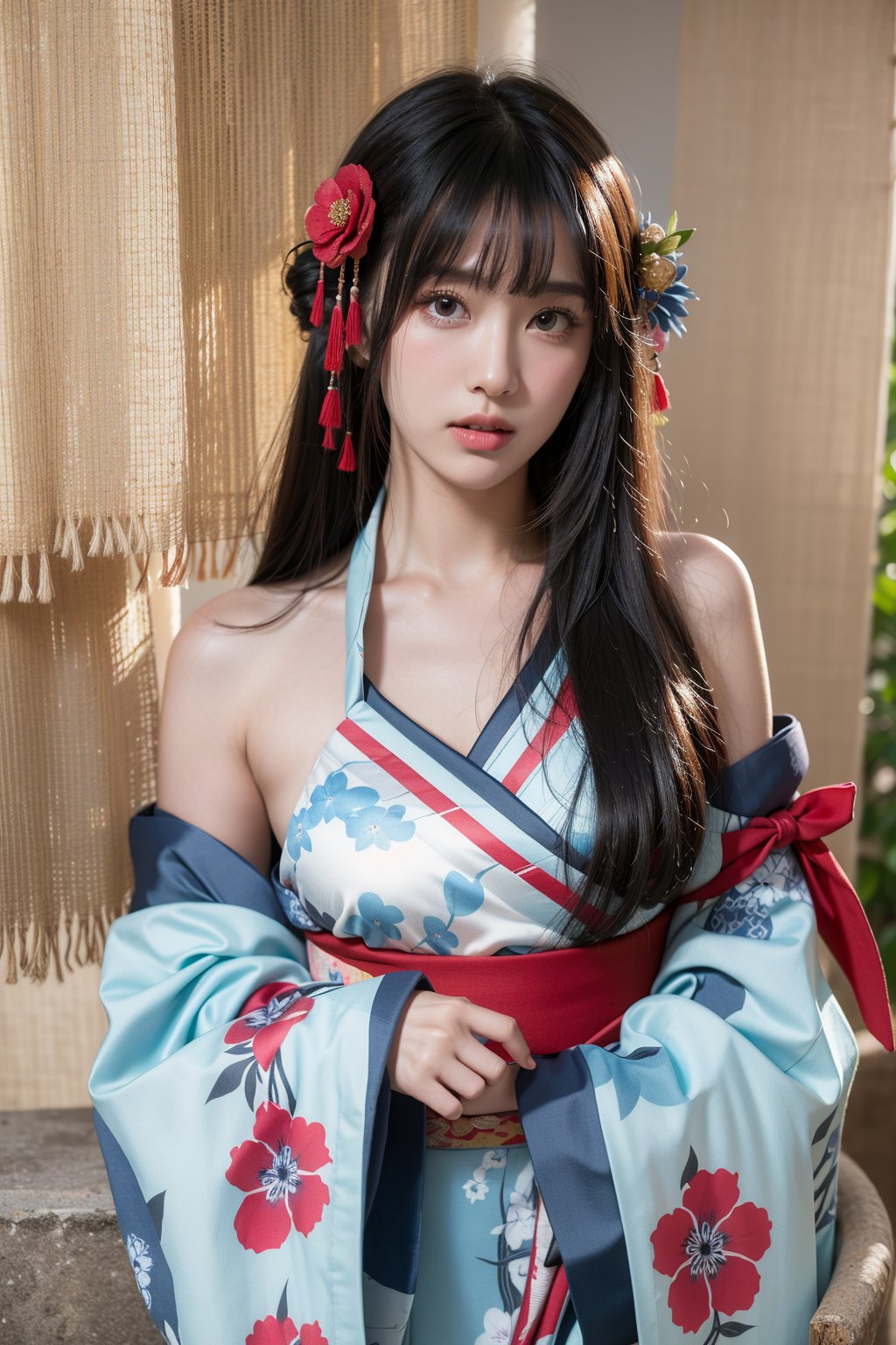 masterpiece, 8k, best quality, high resolution, perfect details, beautiful face, 1girl, solo, bangs, (Updo hair), closed mouth, looking at viewer, realistic, grey background, 

hair ornament, hair flower, blue flower, 
(japanese clothes), 
(dark blue kimono), 
(print kimono), 
(wide sleeves), (obi),

(cowboy shot:1.2),Asia,detached sleeves