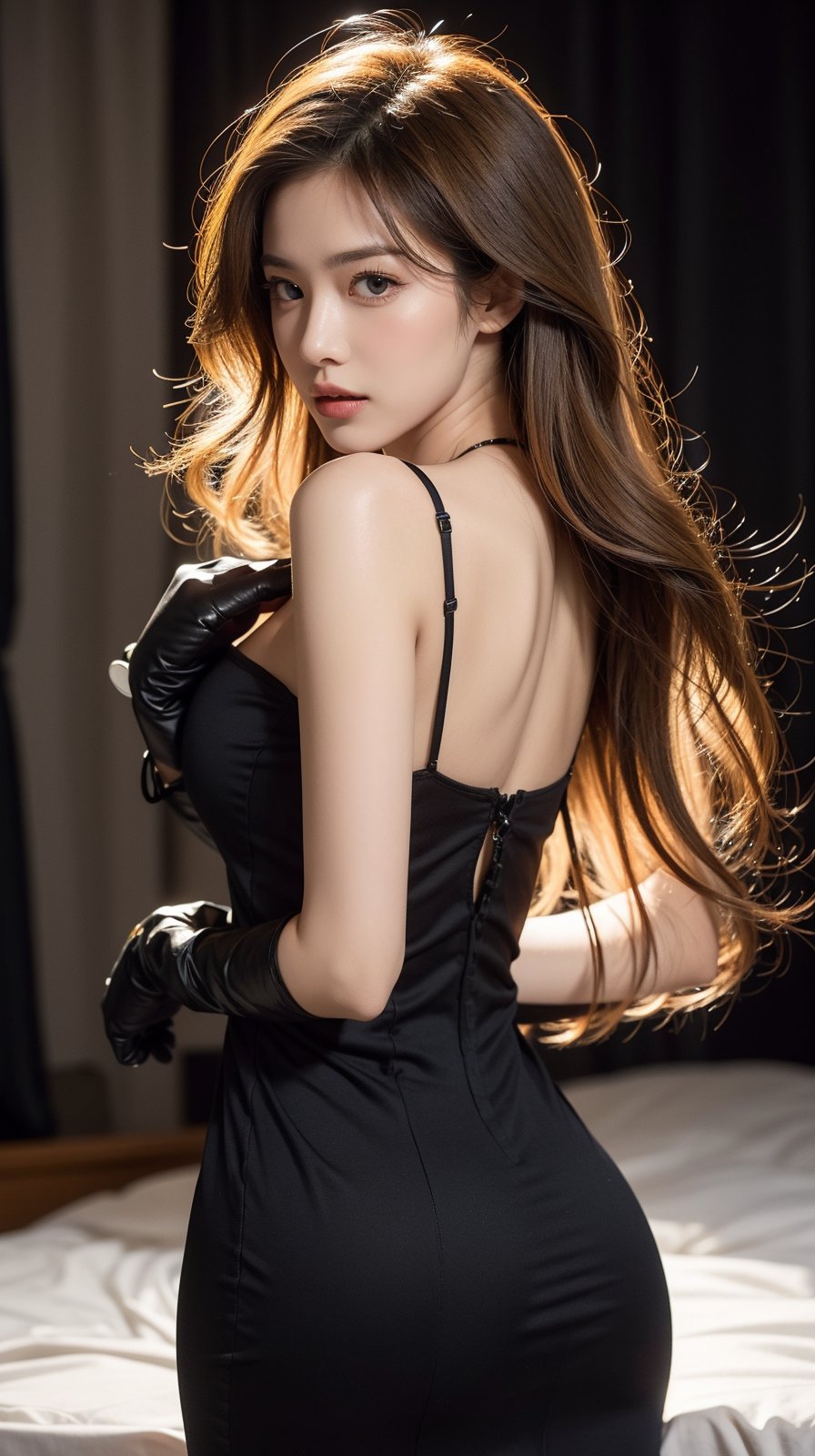 A sultry blonde beauty, her long locks cascading down her back, gazes directly into the camera lens. Her ample bosom is accentuated by a form-fitting black dress, complete with matching black gloves that stretch up to her elbows. Parted lips seem inviting, and the blurred background allows the viewer's attention to remain solely on her enigmatic expression.,Asia