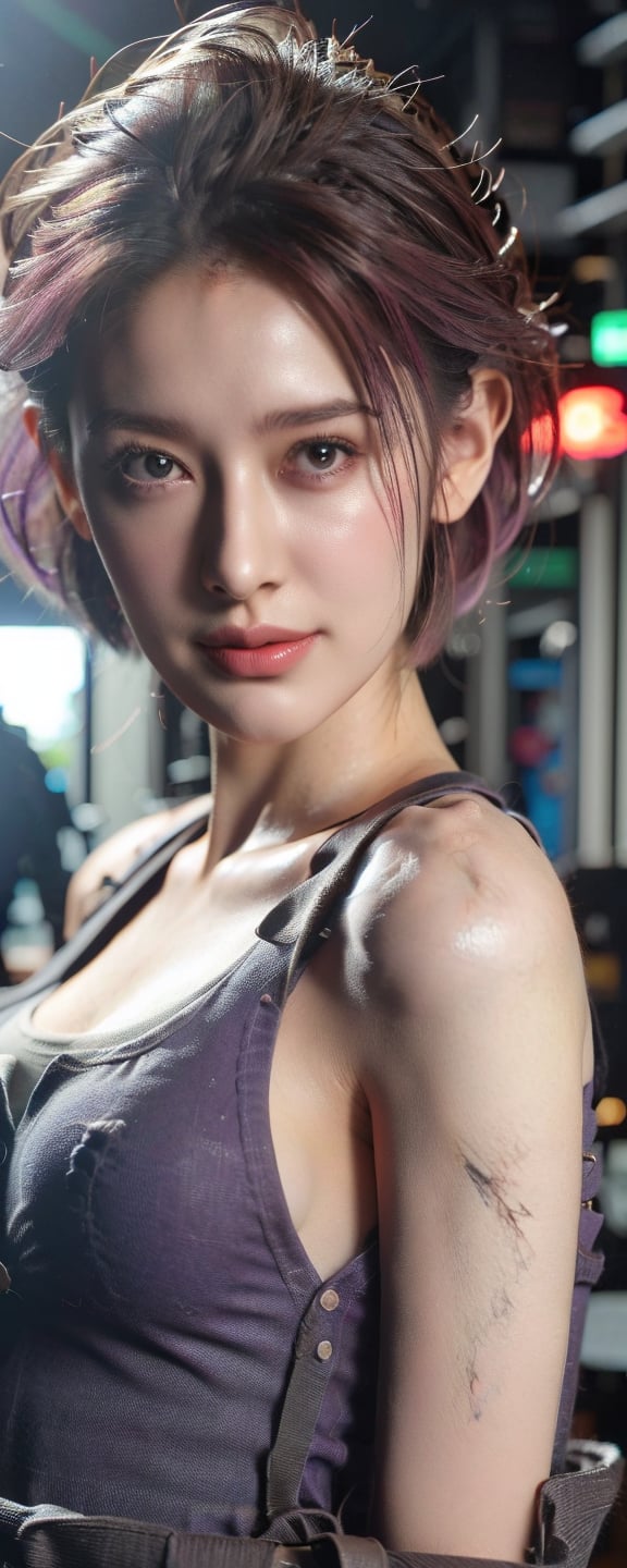 1girl, solo, breasts, looking at viewer, smile, short hair, large breasts, dress, purple eyes, upper body, pink hair, glasses, sleeveless, alternate costume, hair over one eye, lips, v, plant, pink nails, selfie, reaching towards viewer, mash kyrielight,GAME_ResidentEvil3Remake_JillValentine_o,Taiwan 