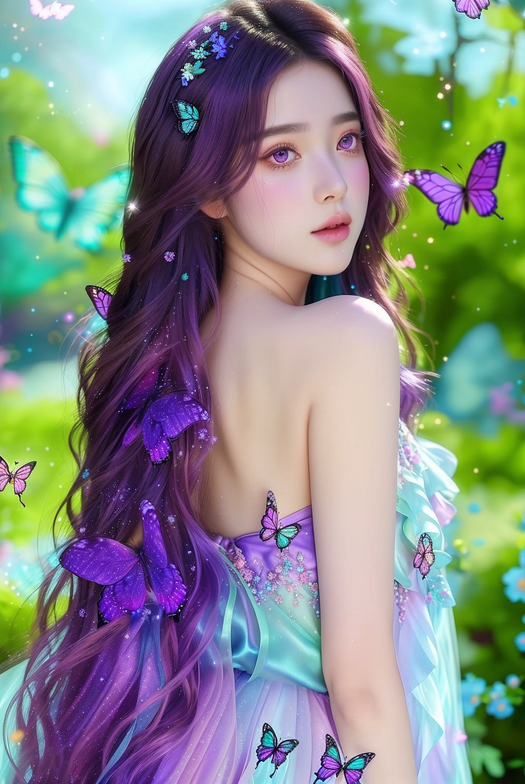 The image appears to be a digital artwork featuring a young woman, created in a highly realistic yet slightly fantasy style. The focal point of the composition is the woman, wearing a flowing purple and aqua ombre gown with floral detailing, looking back. She is surrounded by butterflies in colorful lights that match her outfit. The background is a soft blur of aqua blue and purple, suggesting a dreamy garden setting. The lighting highlights her soft features and adds a magical glow to the scene, enhancing the ethereal quality of the artwork. Small sparkling details and soft changes of light and shadow give the images a whimsical and enchanting atmosphere.