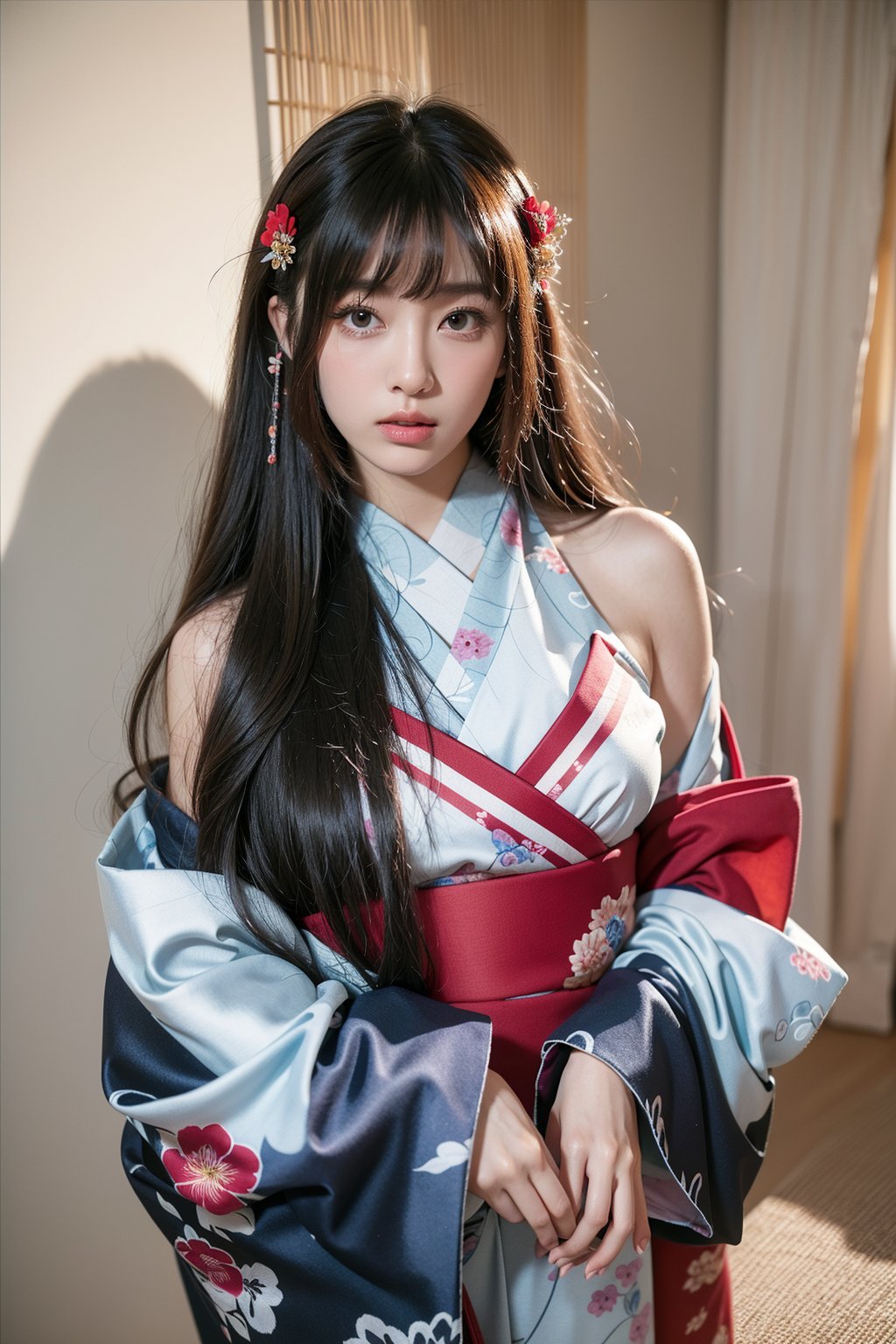 masterpiece, 8k, best quality, high resolution, perfect details, beautiful face, 1girl, solo, bangs, (Updo hair), closed mouth, looking at viewer, realistic, grey background, 

hair ornament, hair flower, blue flower, 
(japanese clothes), 
(dark blue kimono), 
(print kimono), 
(wide sleeves), (obi),

(cowboy shot:1.2),Asia,detached sleeves