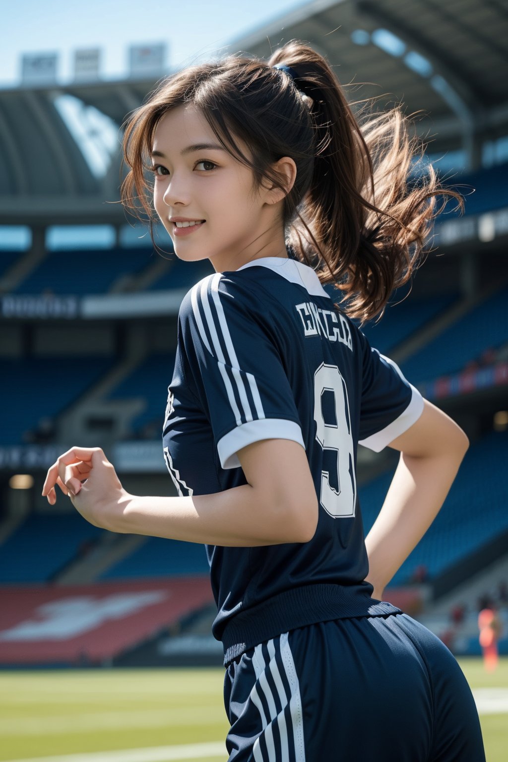 background is stadium,soccer,16 yo,beautiful girl,soccer player,long ponytail,hair band,curly hair,dark brown hair,wearing soccer uniform(uniform number),she is running on field,smile,Best Quality, 32k, photorealistic, ultra-detailed, finely detailed, high resolution, perfect dynamic composition, beautiful detailed eyes, sharp-focus, cowboy shot,