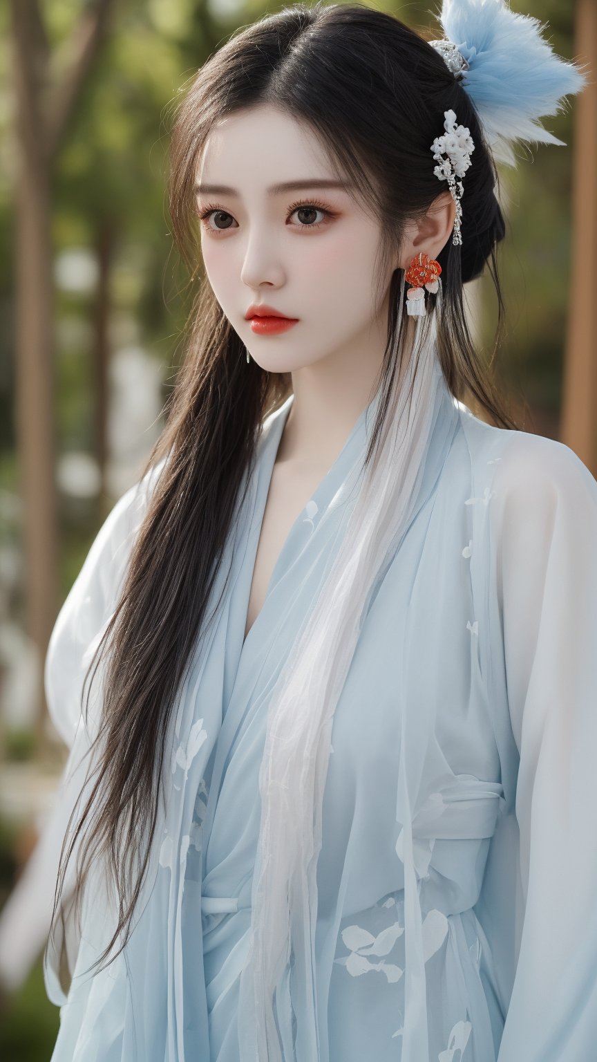 1girl, solo, long hair, looking at viewer, black hair, hair ornament, dress, jewelry, upper body, earrings, black eyes, chinese clothes, realistic,Asia,hanfu