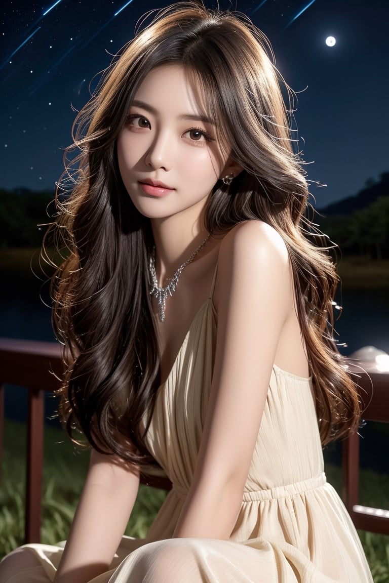 background is night sky, stars, moon,galaxy,dark,backlighting,astronomical telescope,
18 yo, 1 girl, beautiful korean girl,sitting on a hill,
wearing white simple dress,raise head and look up at the sky, smile, solo, {beautiful and detailed eyes}, dark eyes, calm expression, delicate facial features, ((model pose)), Glamor body type, (dark hair:1.2), simple tiny earrings, simple tiny necklace,very_long_hair, hair past hip, bangs, curly hair, flim grain, realhands, masterpiece, Best Quality, 16k, photorealistic, ultra-detailed, finely detailed, high resolution, perfect dynamic composition, beautiful detailed eyes, eye smile, ((nervous and embarrassed)), sharp-focus, full_body, cowboy_shot,Asia