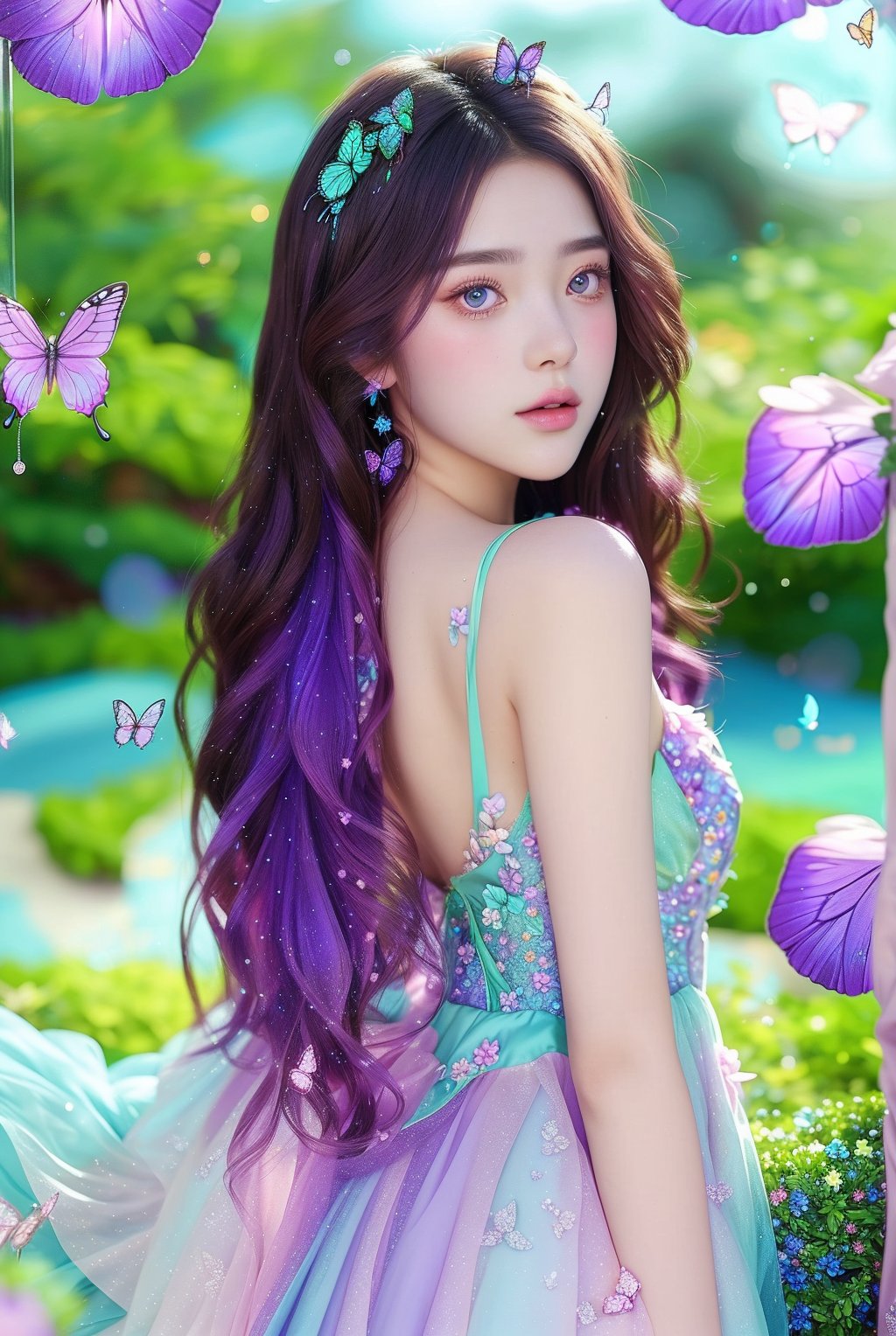 The image appears to be a digital artwork featuring a young woman, created in a highly realistic yet slightly fantasy style. The focal point of the composition is the woman, wearing a flowing purple and aqua ombre gown with floral detailing, looking back. She is surrounded by butterflies in colorful lights that match her outfit. The background is a soft blur of aqua blue and purple, suggesting a dreamy garden setting. The lighting highlights her soft features and adds a magical glow to the scene, enhancing the ethereal quality of the artwork. Small sparkling details and soft changes of light and shadow give the images a whimsical and enchanting atmosphere.