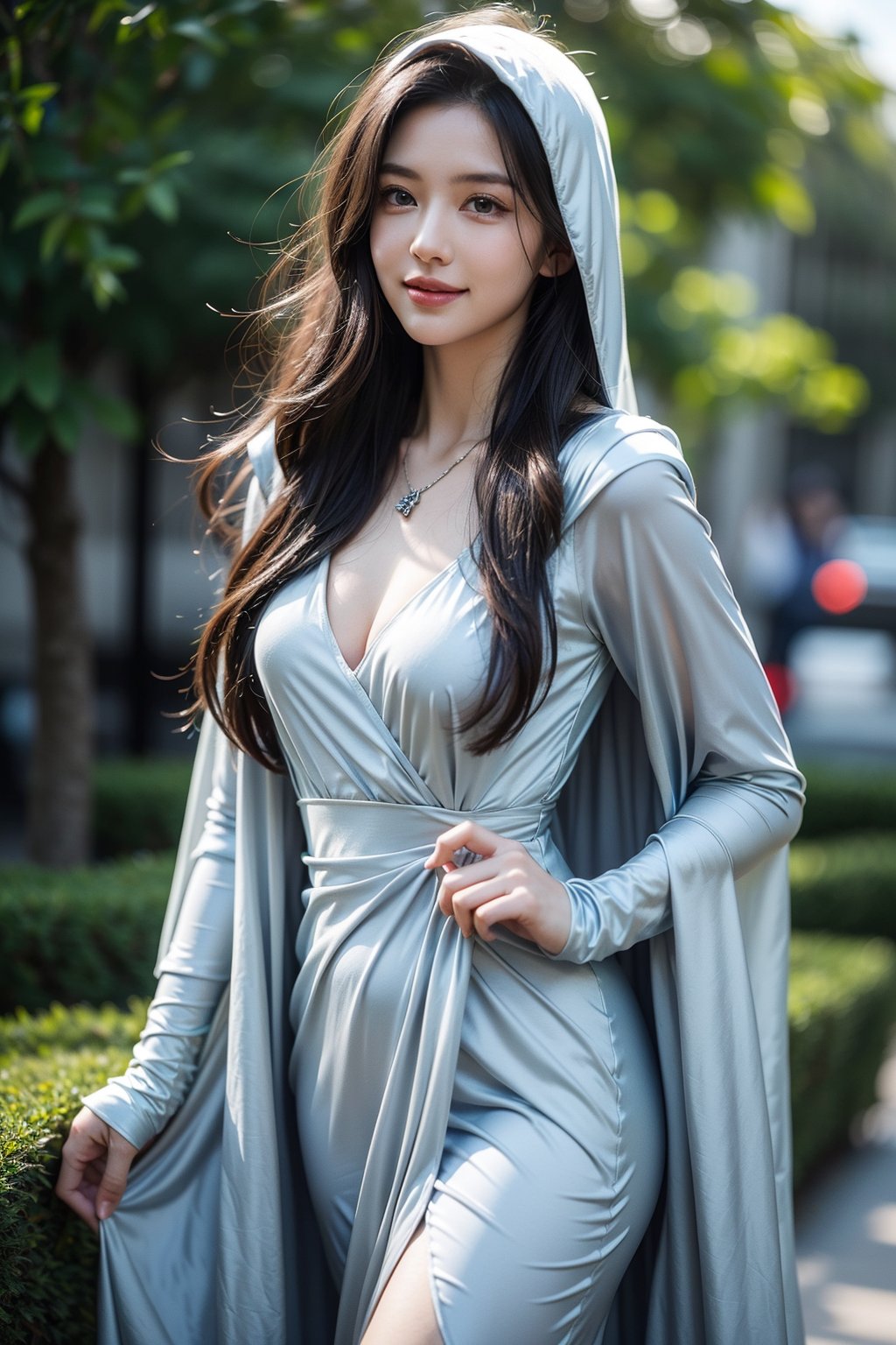 deep forest(fantasy movie),Arwen,lady of Rivendell,Evenstar of the elves,heroine of the movie Lord of The Rings,16 yo,black hair,hair_past_waist,very_long_hair,straight_hair,neat hair,glossy hair,hair covering ears,fair skin,light blue eyes,wearing dress of elf(wide and long sleeves dress) and wide hooded cape,tiny necklace,smile,Best Quality, 32k, photorealistic, ultra-detailed, finely detailed, high resolution, perfect dynamic composition, beautiful detailed eyes, sharp-focus, cowboy shot,Asia