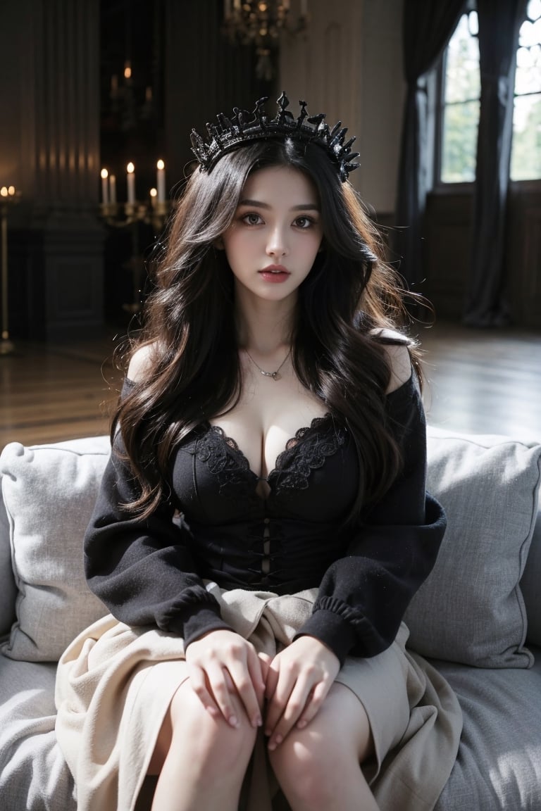 masterpiece, 8k, (real, photo real), best quality, high resolution, perfect details,

1girl, A beautiful goth girl, (Beautiful Hair:1.4), beautiful face, nice light gray eyes, perfect eyes, big breasts, small jewelry crown, (black gothic dress), Temperament, elegance, 

 low contrast, soft light, horror vibe, (black Indoor castle decoration:1.5), shot from head to waist, ,Asia