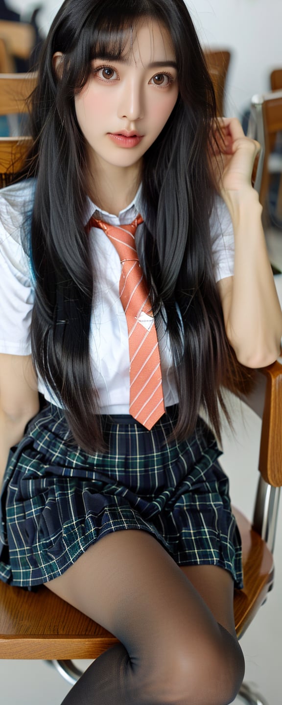 1girl, solo, long hair, looking at viewer, skirt, brown hair, shirt, black hair, bow, sitting, school uniform, pantyhose, bowtie, blurry, cup, plaid, watermark, drinking straw, realistic, drinking,cute_jk,Taiwan 