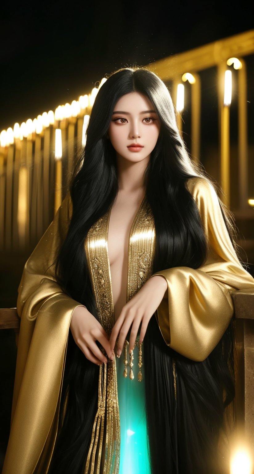 A majestic eqyptian princess , her long black hair cascading down like a waterfall of night. Her piercing eyes sparkle like emeralds in the soft golden light of a thousand candles, as she gazes out into the distance with an air of quiet confidence and mystery. detailed face, 