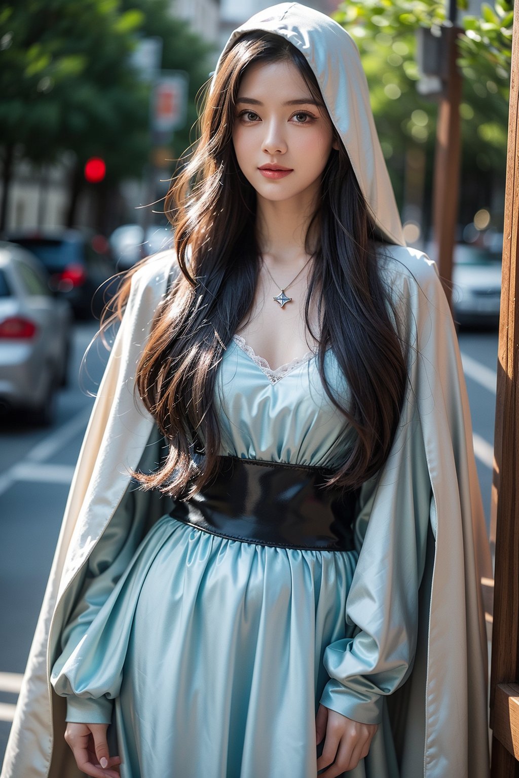 deep forest(fantasy movie),Arwen,lady of Rivendell,Evenstar of the elves,heroine of the movie Lord of The Rings,16 yo,black hair,hair_past_waist,very_long_hair,straight_hair,neat hair,glossy hair,hair covering ears,fair skin,light blue eyes,wearing dress of elf(wide and long sleeves dress) and wide hooded cape,tiny necklace,smile,Best Quality, 32k, photorealistic, ultra-detailed, finely detailed, high resolution, perfect dynamic composition, beautiful detailed eyes, sharp-focus, cowboy shot,Asia