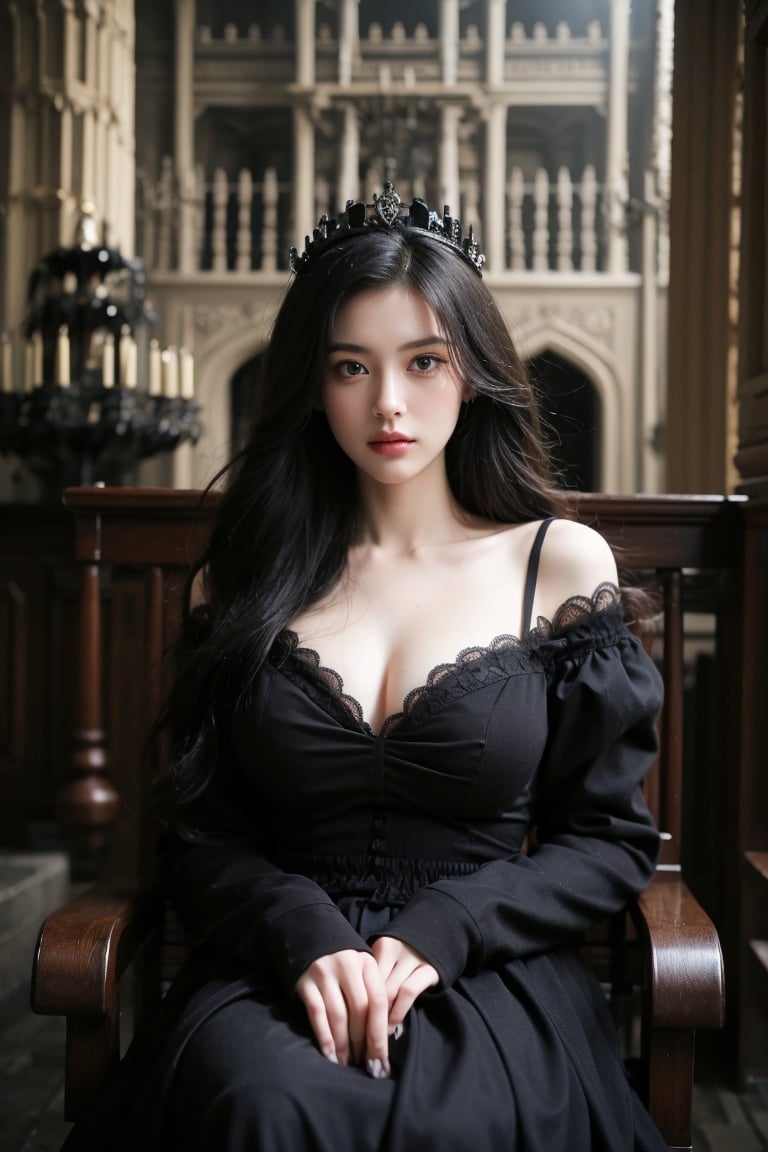 masterpiece, 8k, (real, photo real), best quality, high resolution, perfect details,

1girl, A beautiful goth girl, (Beautiful Hair:1.4), beautiful face, nice light gray eyes, perfect eyes, big breasts, small jewelry crown, (black gothic dress), Temperament, elegance, 

 low contrast, soft light, horror vibe, (black Indoor castle decoration:1.5), shot from head to waist, ,Asia